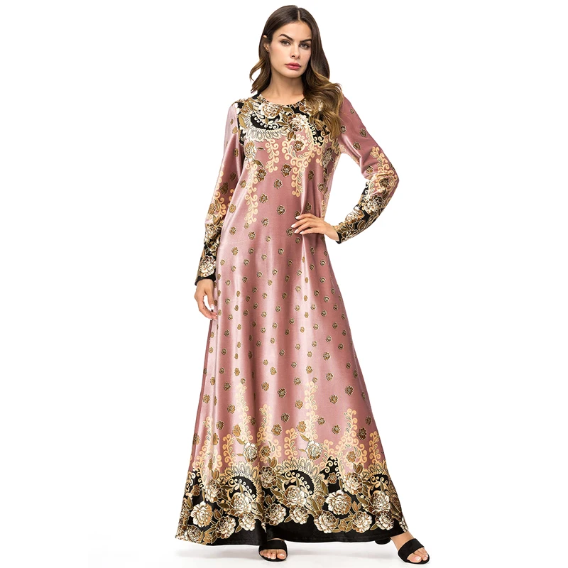 Women Autumn Winter Fashion Long Robe O-Neck Sleeve Print Flowers Dress Dubai Turkish Islamic Clothing | Женская одежда