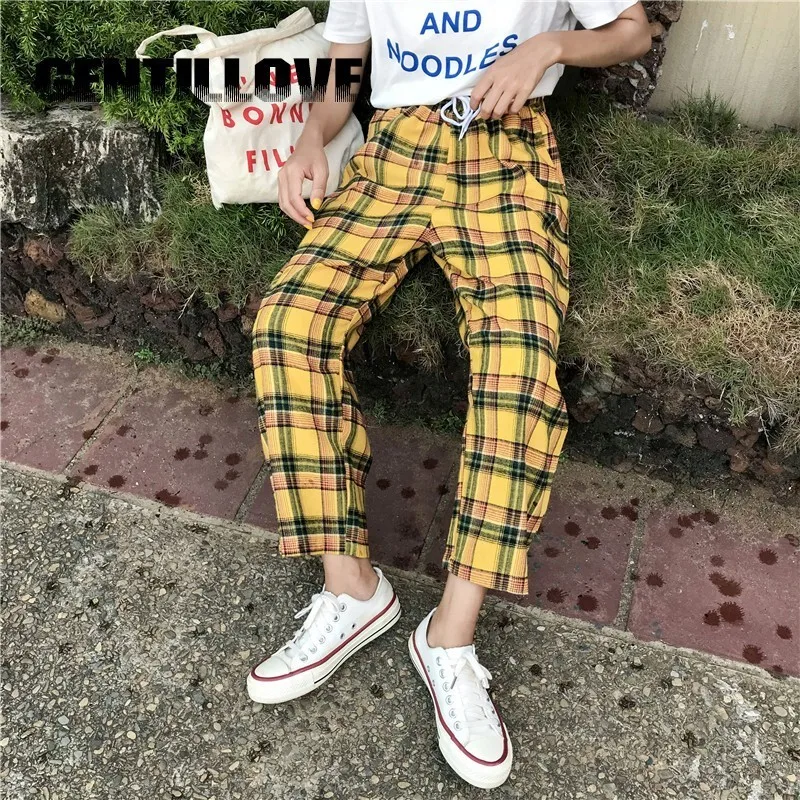 Gentillove Повседневное желтые штаны в клетку элегантный дизайн Harajuku летние Для