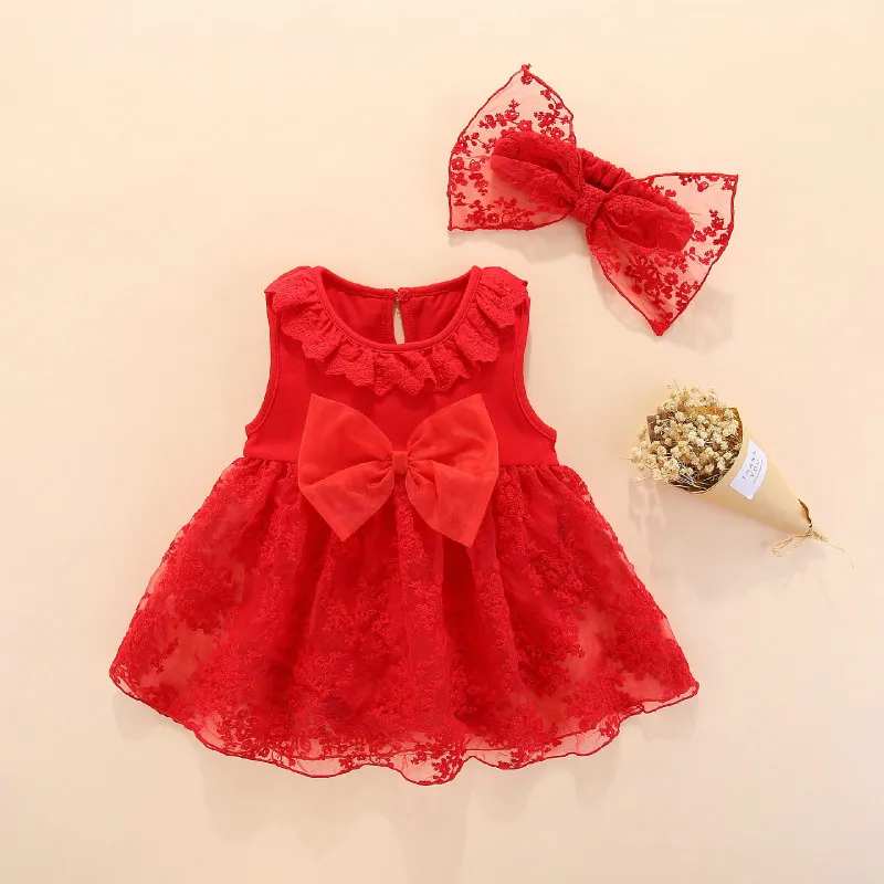 

2019 summer baby girl dress with headband 0 3 months cotton red white new born baby clothes wedding baptism gift set princess 6m