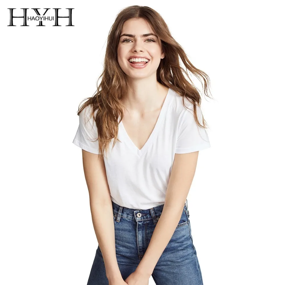 Женская футболка HYH HAOYIHUI белая с глубоким треугольным вырезом и коротким рукавом