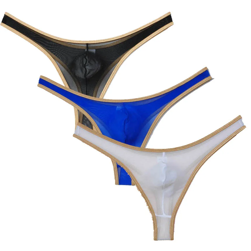 

Men Liquid Stretch Underwear Shiny Border Sheer Mesh G-Strings Sexy Jockstrap