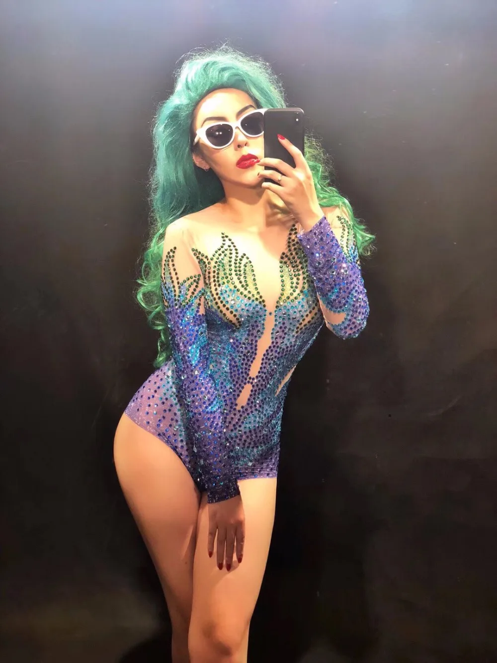 New Woman Sparkly Rhinestones Mesh Bodysuit Party Sexy Costume Dance Show Nightclub Female Singer Wear See Through Bodysuits