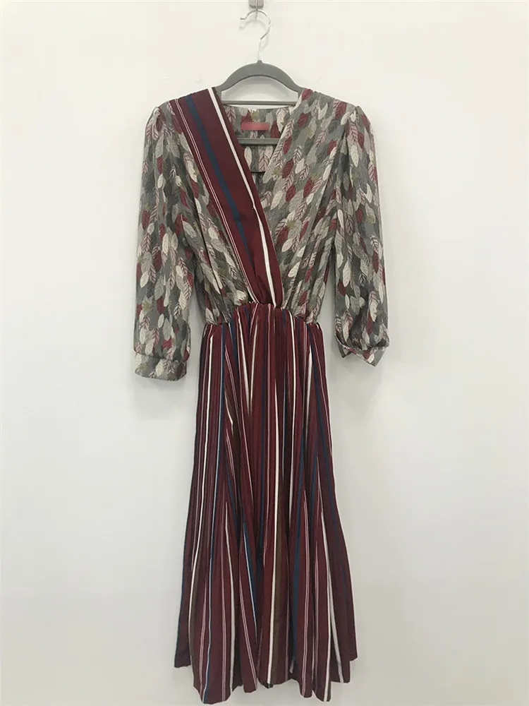 vestidos stitching v-neck plait Autumn Women Vintage Printed Dress Long Sleeve V Neck Casual Chiffon A-line | Женская одежда