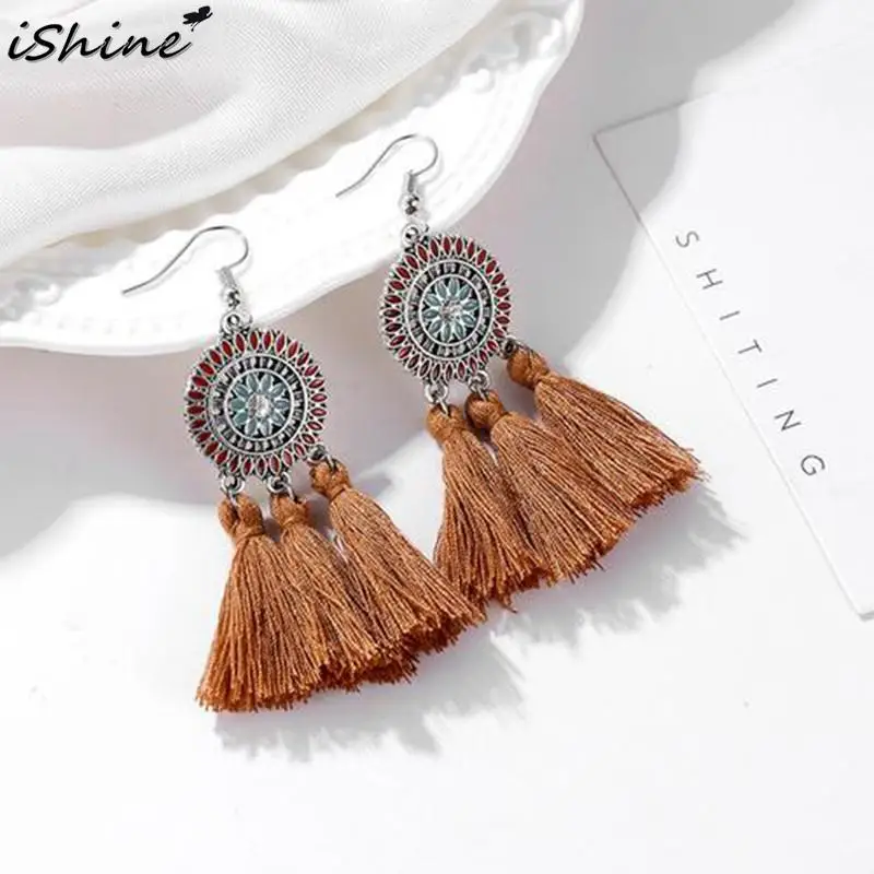 ISHINE Bohemia красочные подсолнухи серьги Длинная кисточка женские с кисточками для
