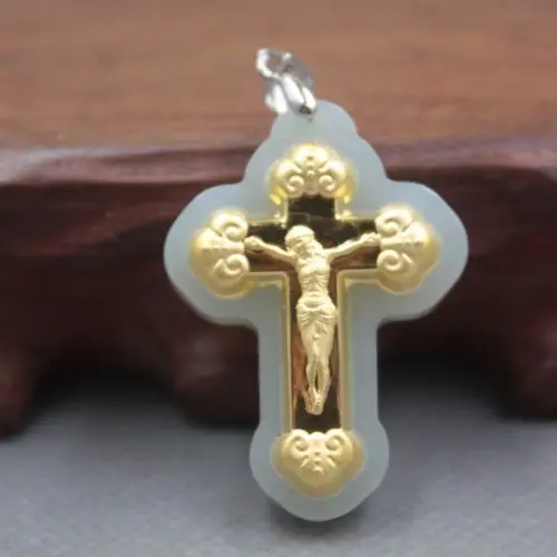 

New Natural Nephrite 999 24k Yellow Gold Lucky Cross Jesus Pendant 37x27mm