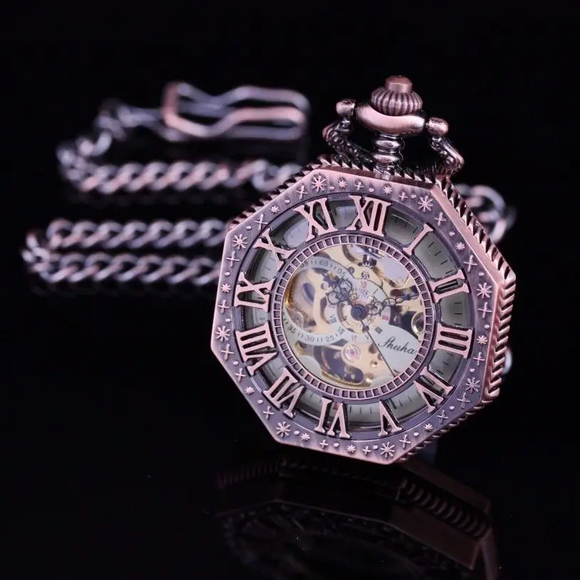 Double Roman Number Skeleton Steampunk Hollow Case Half Hunter Polygon Copper Tone Retro Wind Up Men Pocket Watch | Наручные часы