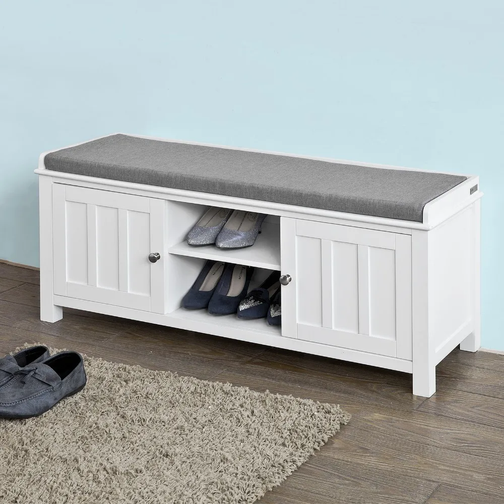 

SoBuy FSR35-W, White Storage Bench with 2 Doors Removable Seat Cushion, Shoe Cabinet Shoe bench