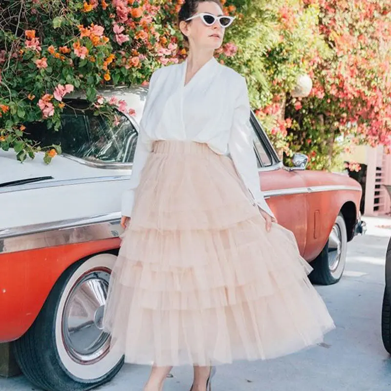 

Summer Skirts 2019 New Women Tulle Long Maxi Skirt Layered Swing High Waist Casual Solid Lace Loose Skirts