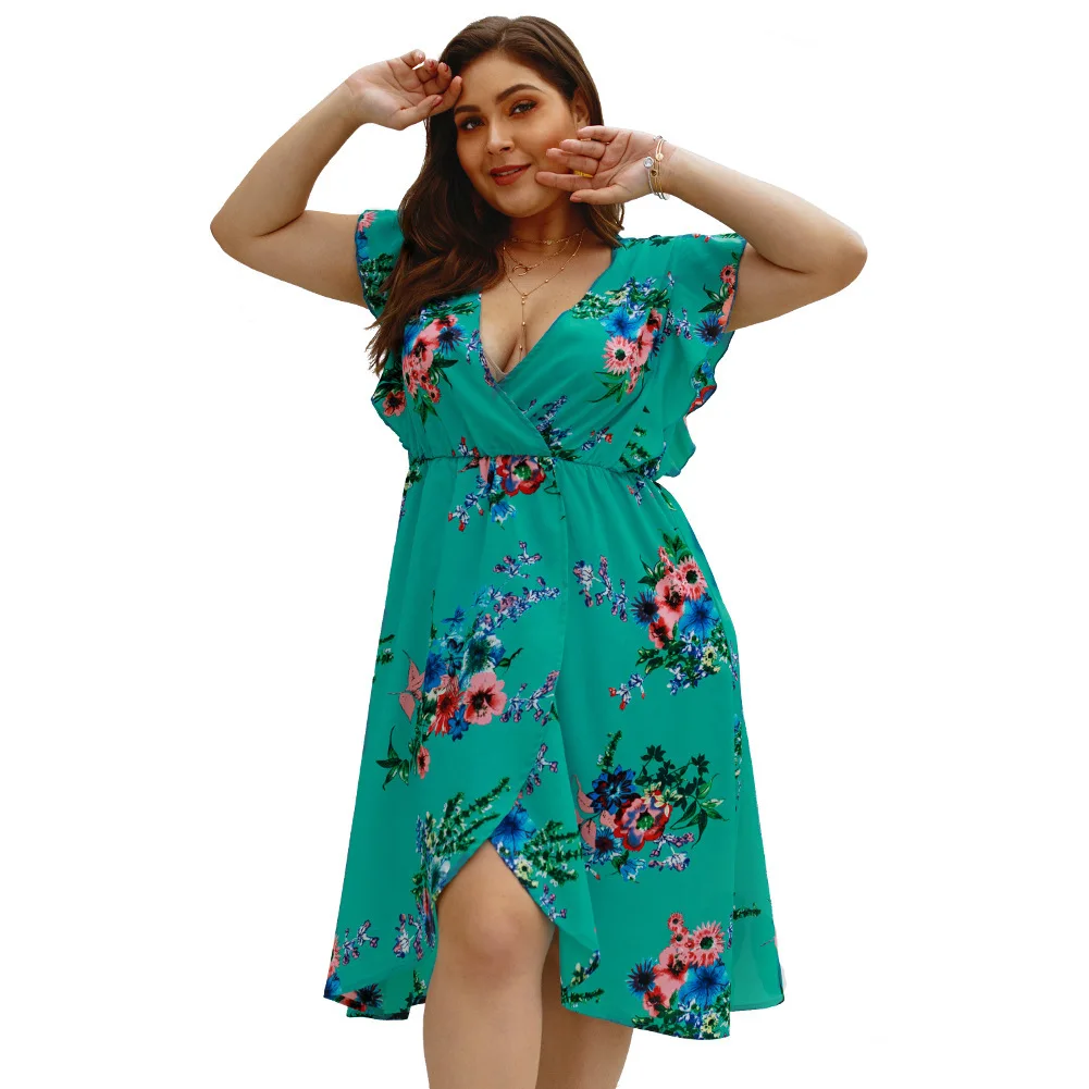 MagicPark XL-4XL Women Summer Tee Dress Vintage Sleeveless Cross V Neck Green Sexy Floral Print 2019 Plus Size Womens Dresses | Женская