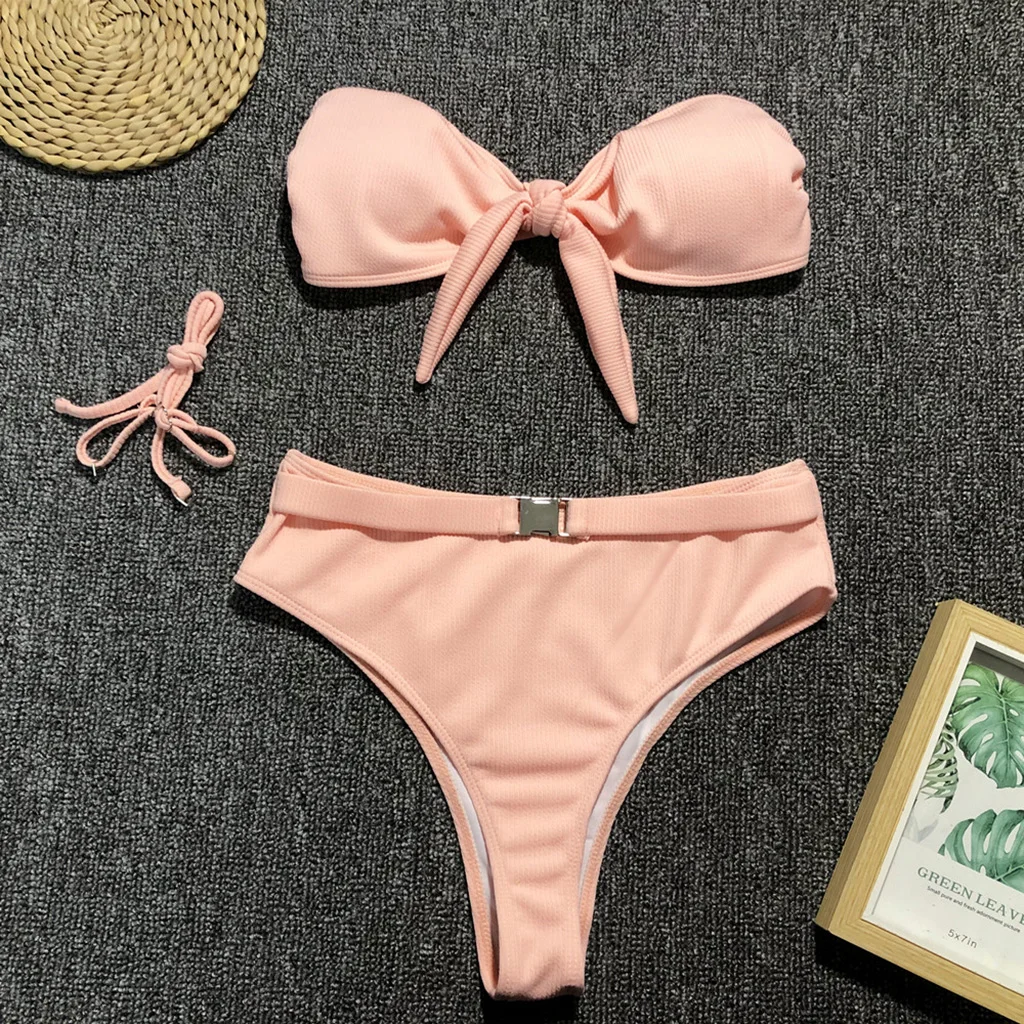Женский купальник бандо с высокой талией Раздельный однотонной подкладкой maillot de