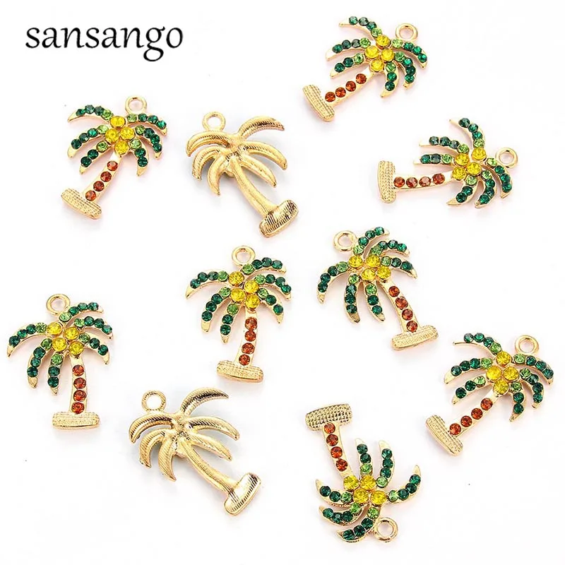 

10pcs Trendy Gold Colorful Full Rhinestone Coconut Tree Charms Pendant For Unisex DIY Necklace Earrings Jewelry Accessories