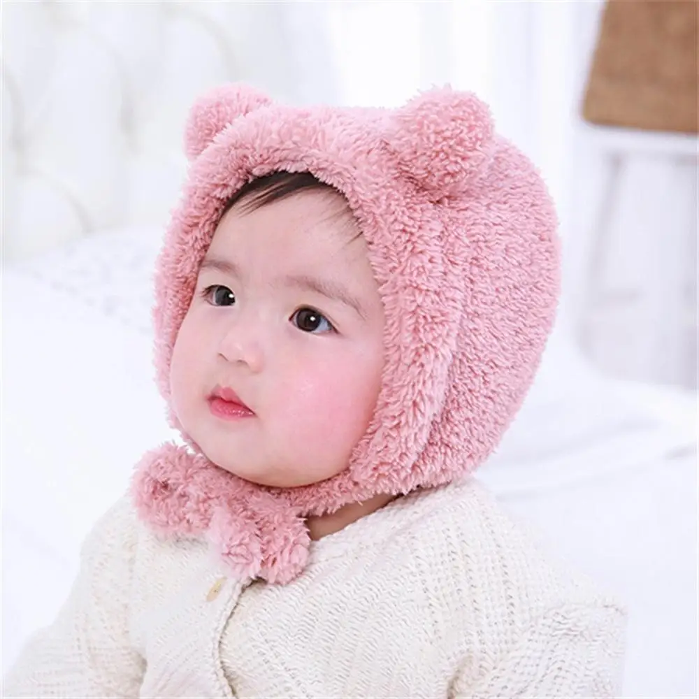 2018 Boys and Girls Autumn Winter Hat Baby Earmuffs Bear Head Cap Children's Double Ball Plush |