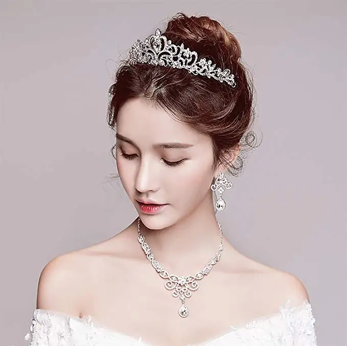 Alta Qualidade de Casamento Da Noiva Acessorios crown colar e brincos conjunto De Cristal Nupcial Conjuntos Joias Casamento|Ювелирные