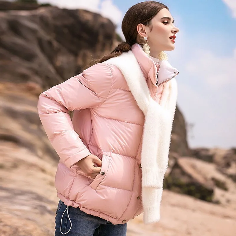 Зимний Розовый пуховик для женщин 2018 Новинка Короткие тонкие парки белый