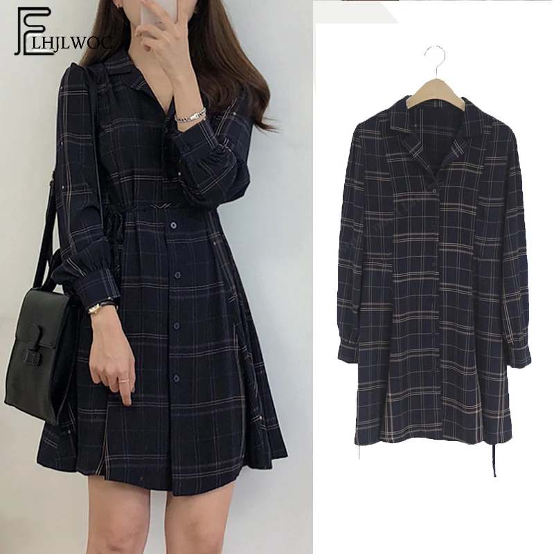 

Autumn Basic Mini Dresses Hot Women Long Sleeve Japan Korean Style Design Cute Sweet A Line Vintage Girls Plaid Shirt Dress