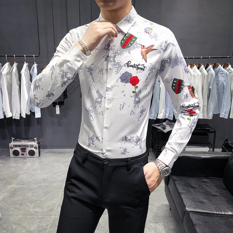 Повседневное Slim Fit Пром смокинг 2019 Весенняя рубашка для мужчин Фирменная Новинка