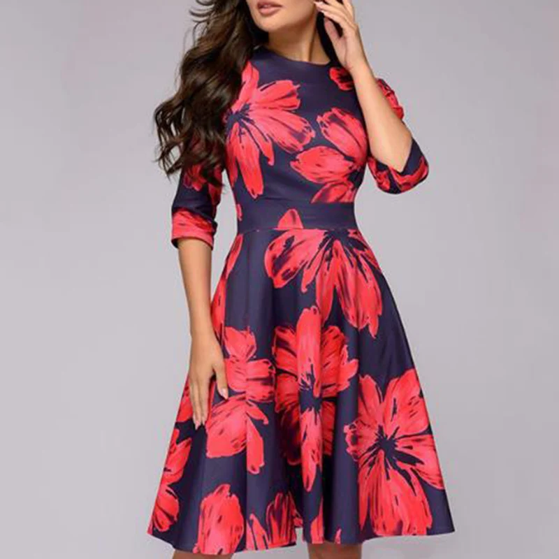 Женское винтажное свободное платье с цветочным принтом женское рукавом 3/4 OL