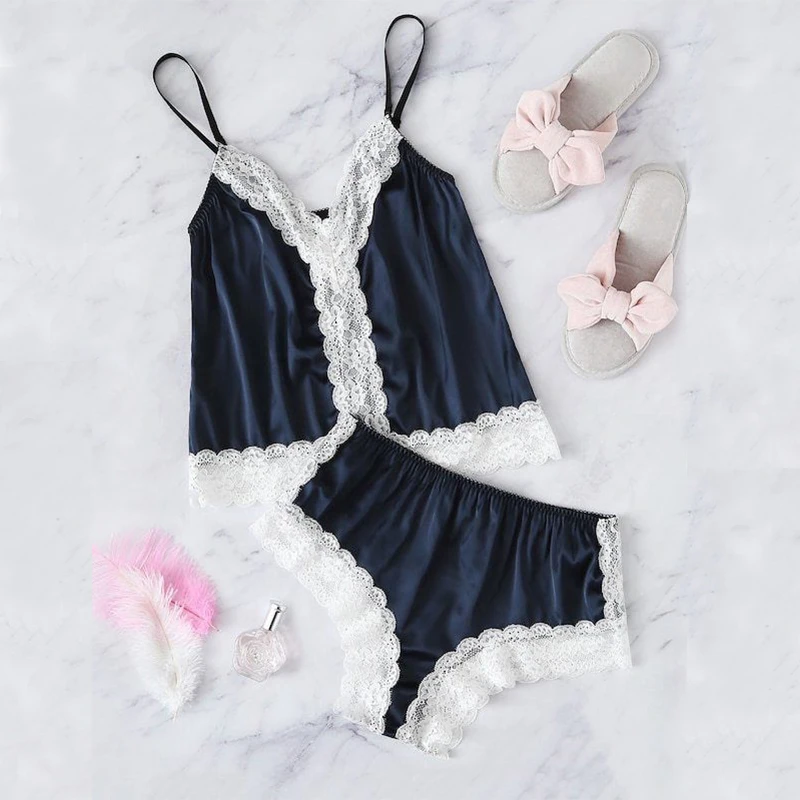 2pcs Women Sexy Satin Lace Sleepwear Babydoll Nightdress Pajamas Set | Женская одежда