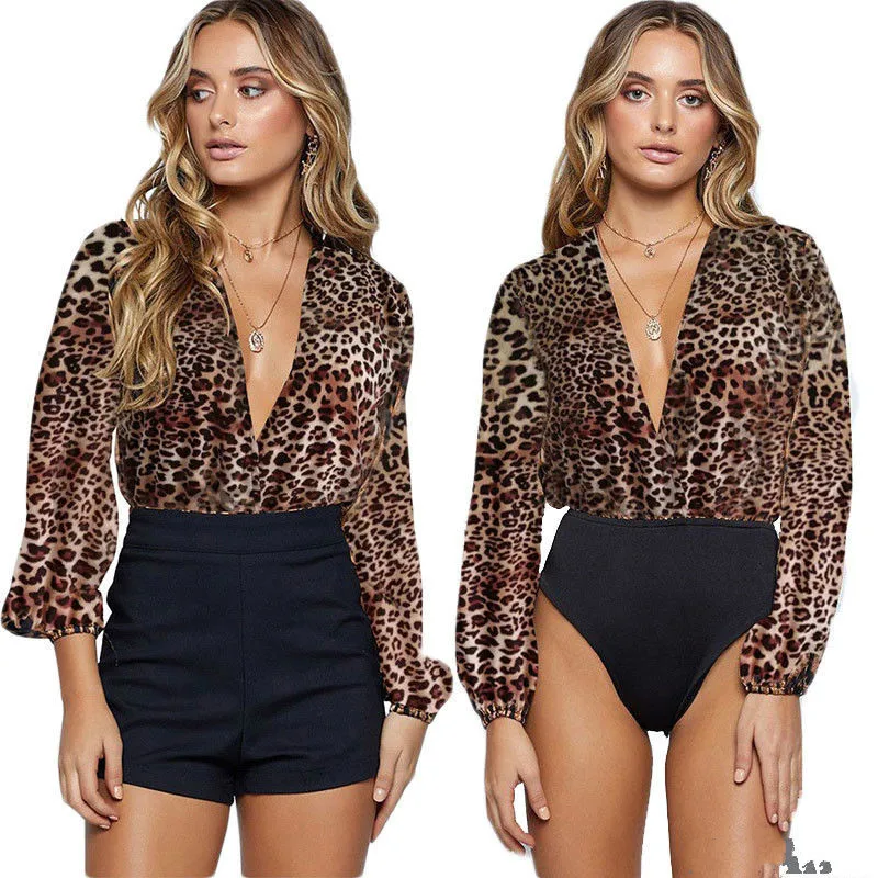 Женское боди с леопардовым принтом длинным рукавом и глубоким V образным