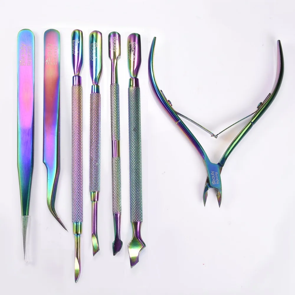 

BeautyBigBang NEW Stainless Steel Nail scissors Double Sided Cuticle Pusher Rainbow Dead Skin Remover Manicure Nail Art Tools