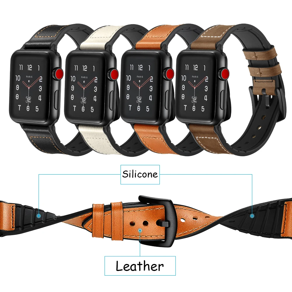 Силиконовый + кожаный ремешок для Apple Watch 44 мм 42 серия 4 3 2 1 черный коричневый белый