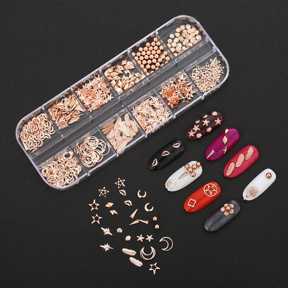 Blueness 12 стиль Красота 3D дизайн ногтей декоративные заклепки Золотой сплав модель