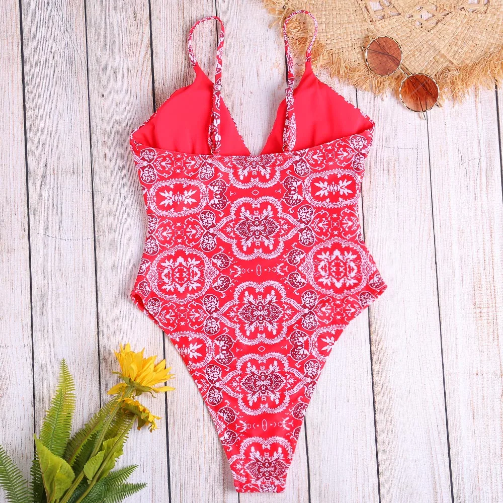 Spaghetti Strap Backless Padded Print Women Swimsuit One-Piece Suits | Спорт и развлечения