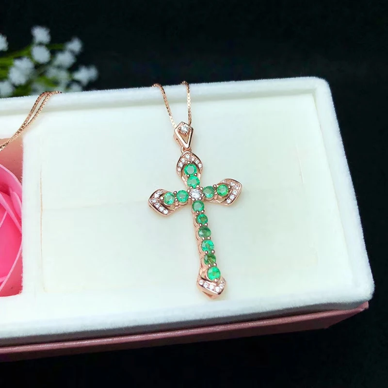 Vintage Style Silver Cross Pendant for Woman 12 Pcs Natural Emerald 925 Jewelry Birthday Gift | Украшения и аксессуары