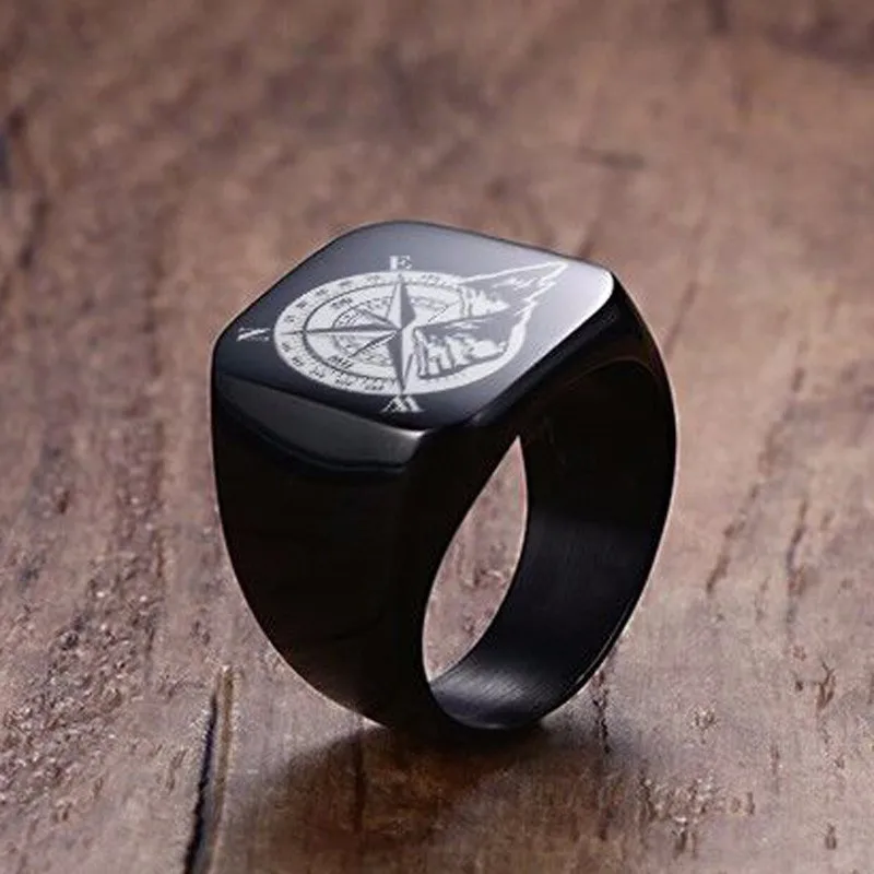Мужское кольцо черное бездорожье компас Снежная гора Мужская перстень из