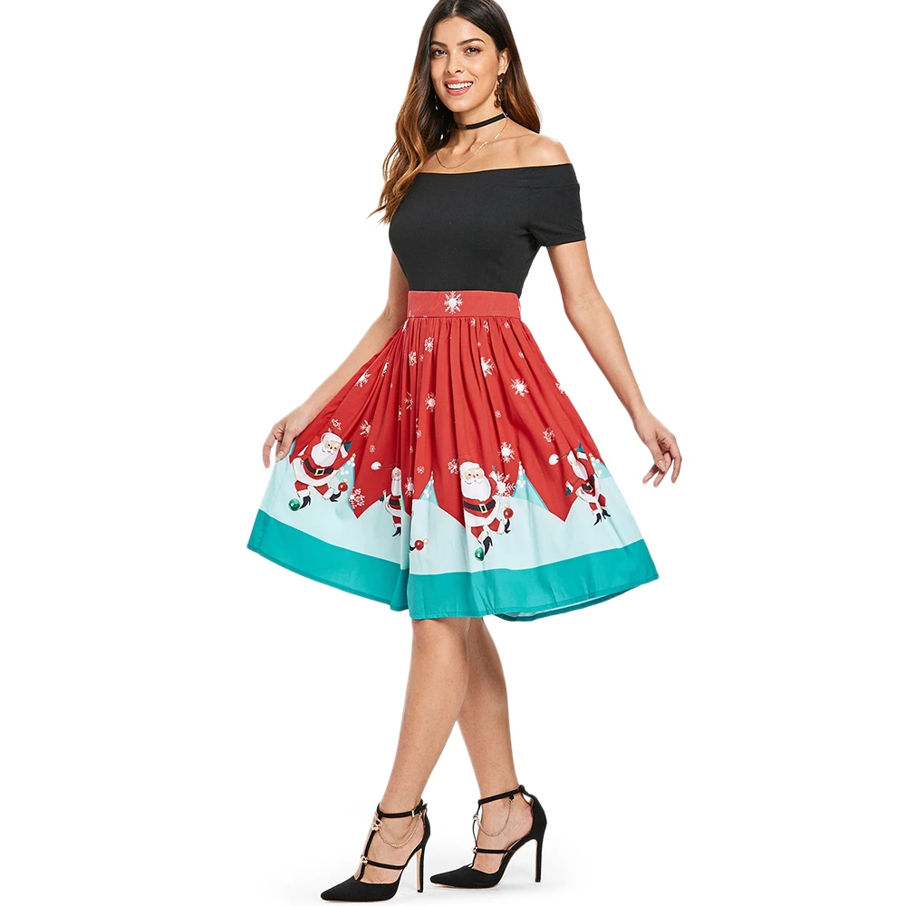 LANGSTAR Демисезонный платье Для женщин рождественские Off The Shoulder Swing Dress Винтаж