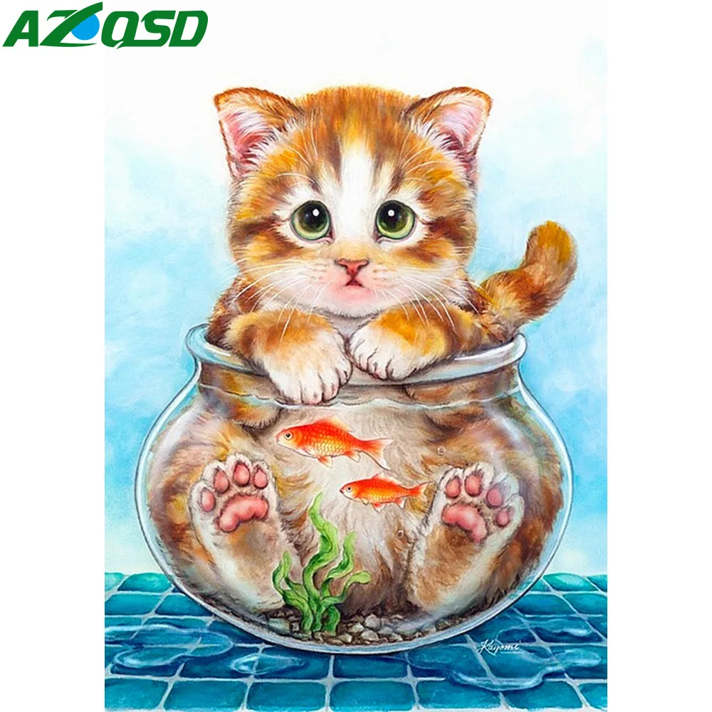 AZQSD 5D DIY алмазная живопись кошка животные полная квадратная Алмазная вышивка рыба