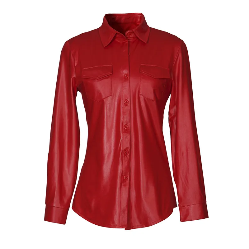 Fashion PU Leather Shirt for Women Spring Autumn Solid Black/Red Single-breasted Long Sleeve with Pockets | Женская одежда