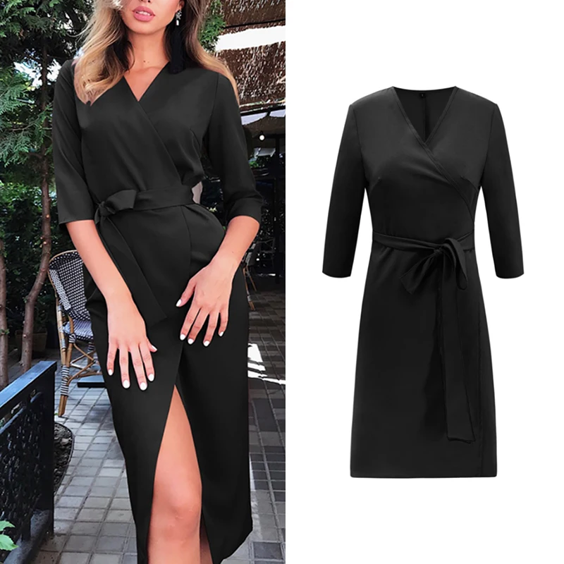 Женское офисное платье одноцветное сексуальное с v образным вырезом и рукавом до