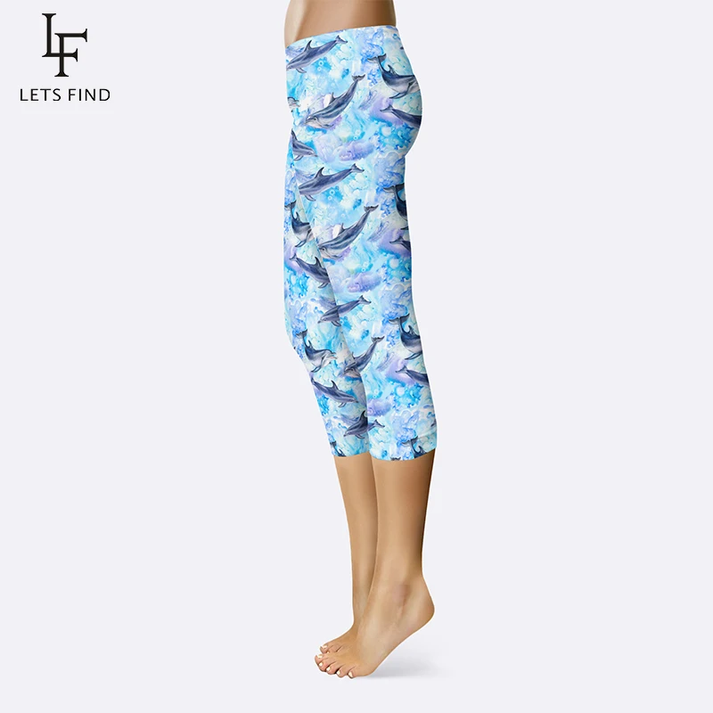 Summer New Arrival Cartoon Dolphins Print Women Leggings Mid-Calf High Quality Milk Silk Plus Size Fitness Capri Pants | Женская одежда