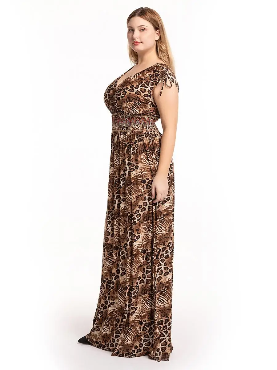 Plus Size Leopard Print Long Maxi Boho Dress Women Holiday Party Dresses Sleeveless Summer V-neck Floor-Length New XL-7XL | Женская