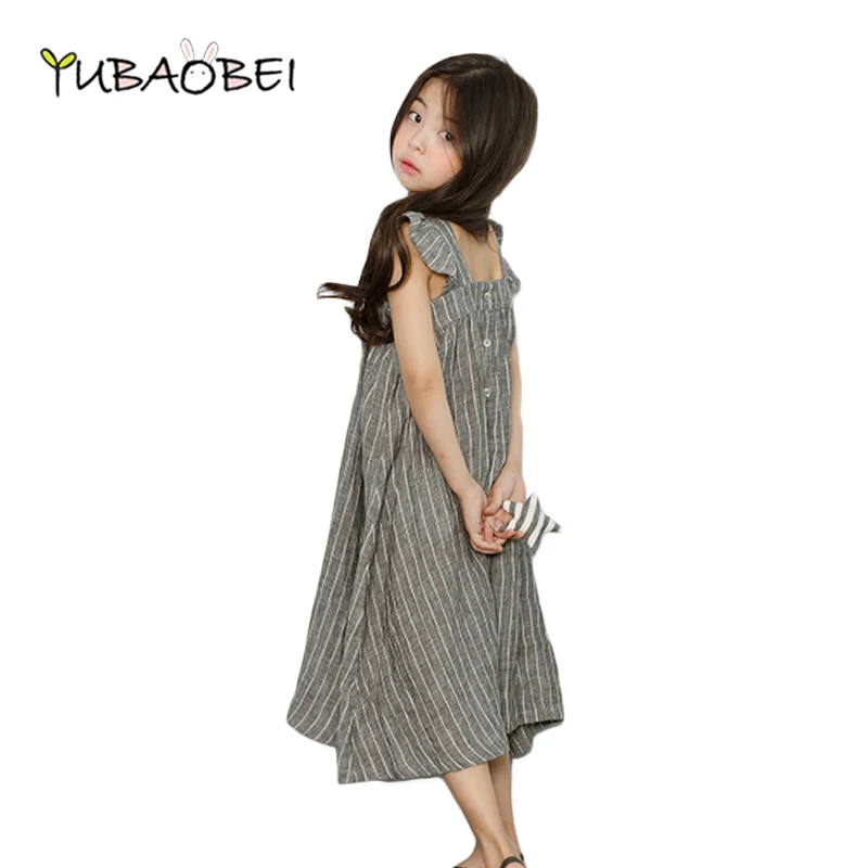 2020 Summer Girls Dress Children's Clothing Stripe Cotton Dark Grey Short Casual Korean Style Kid Child | Детская одежда и