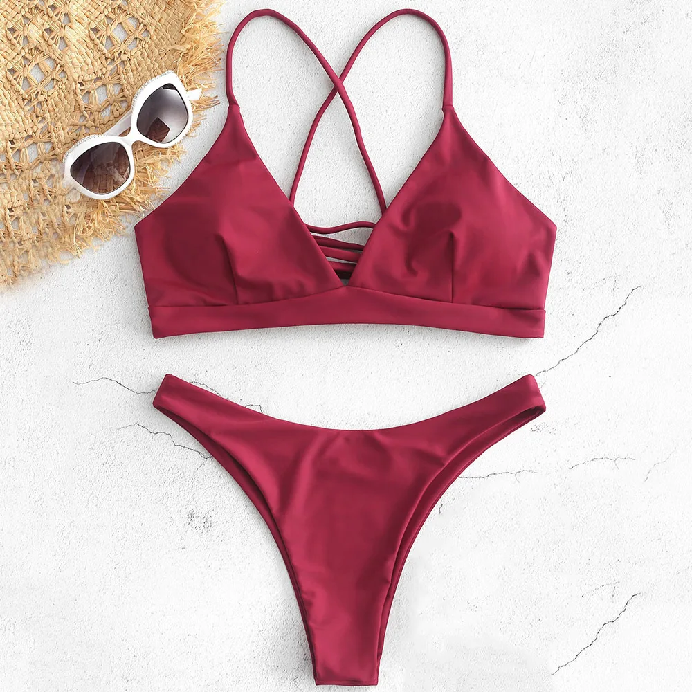 ZAFUL 2019 Bikinis Lace up Bikini Set Women Sexy Thongs High Cut Spaghetti Straps Bodysuit Solid Swimwear for Swimsuit |