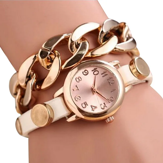 Punk Women Gold Dial Leather Chain Wrap Analog Quartz Wrist Watch Bracelet | Наручные часы