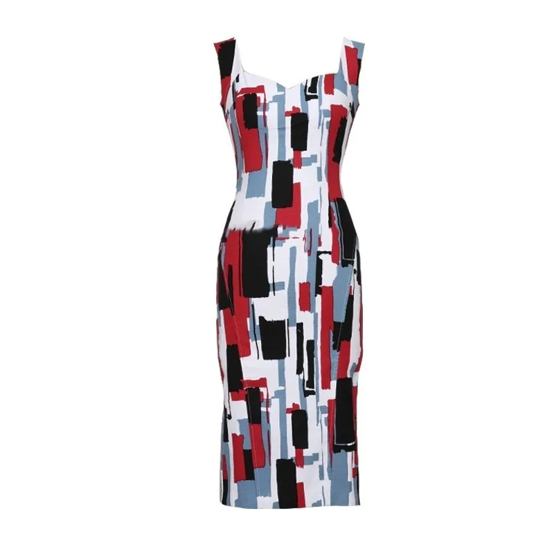 

2019 Sexy Party Dress Summer Fashion Multicolor Printing Bodycon Dress V Neck Sleeveless Back Split Knee Length Party Dress