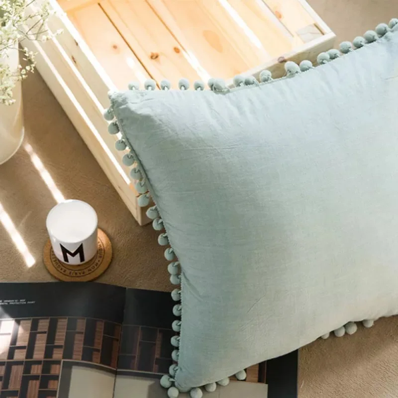 

Solid Cotton Pillowcase Home Hotel Bedding Super Soft Pom Pillow Cover Wedding Gift Design Pillow Case For Couple 1/2pcs 40