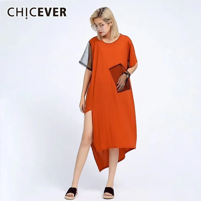 CHICEVER летнее повседневное лоскутное Сетчатое женское платье с карманами и