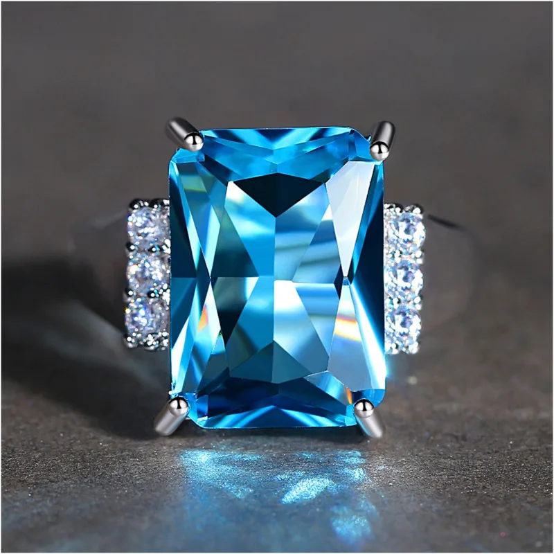 Fashion Desgin Woman Rings Big Square Blue CZ Cubic Zircon Stone Silver Birthday Party Wedding Gift Jewelry Yüzük | Украшения и