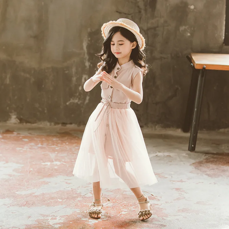 Teenage Girl Dress Summer Sleeveless Meash Spliced Princess Kids Dresses For Girls Children Clothing 4 5 6 7 8 9 years | Детская одежда