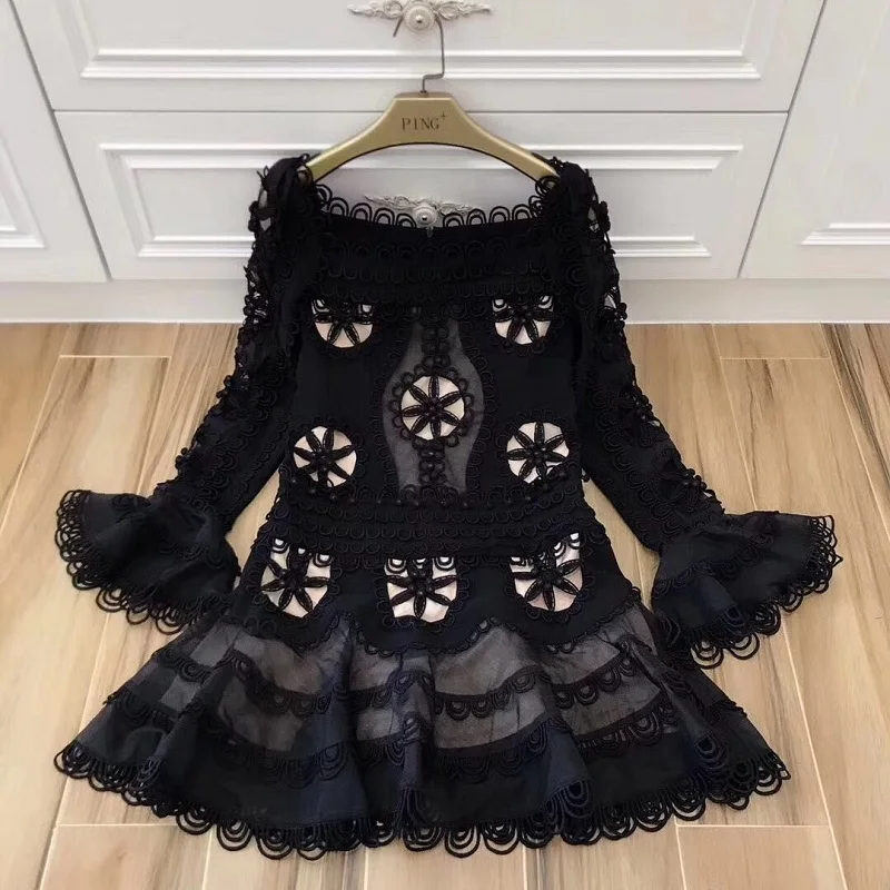 2019 Spring Designer Dress Women's Long Sleeve Flower Square Collar Cute Princess Appliques Embroidery Cutout Clothes | Женская