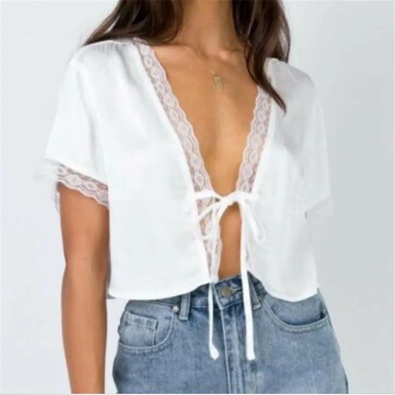 Fashion Women's T-Shirt Sexy Short Sleeves Lace Silk Satin Shirts Crop Tops Ladies' New White Color Bandage Hot Selling | Женская