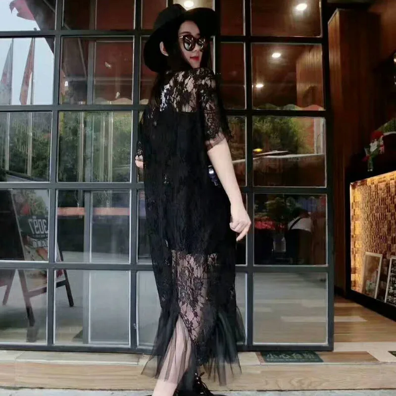 QING MO Sequin Eagle Dress Women Holes Lace Flower Short Sleeve Black Long Patchwork Summer Clothing ZLDM111 | Женская одежда