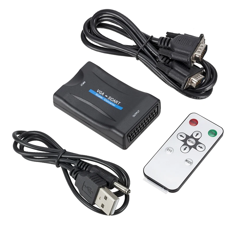 Vga To Scart Video Audio Converter Adapter With Remote Control Usb Dc Power Cable And Cables | Электроника