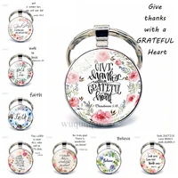 give thanks with a grateful heart quote keychain glass jewelry christian bible verse pendant women key chain thanksgiving gifts
