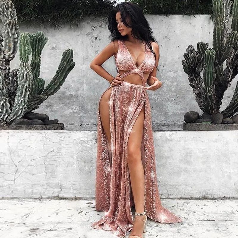 Женское длинное вечернее платье розовое макси с блестками в пол 2019|Женские