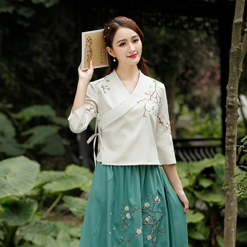 Женская рубашка в китайском стиле Hanfu Xia Pao синяя винтажная с вышивкой винтажном |